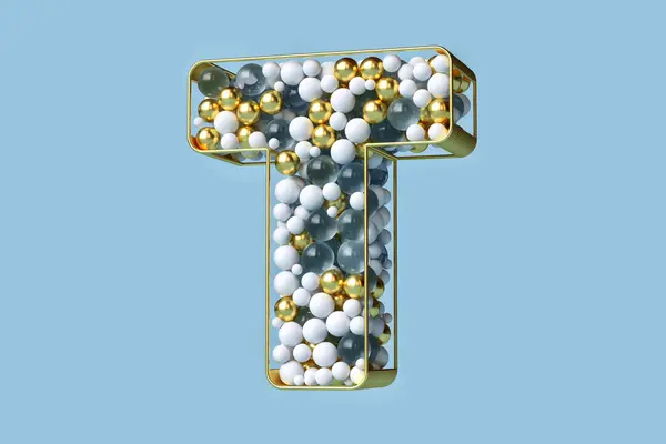 ファンシーは金 ガラス 白いクリスマスのバブルの3Dタイポグラフィーを黄金の構造に浮かべています 3次元効果のある美しい文字T 高品質の3Dレンダリング — ストック写真