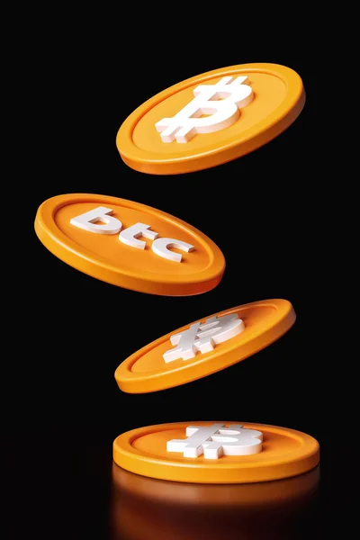 Pièces Bitcoin Orange Tombant Sur Une Surface Noire Brillante Blockchain — Photo