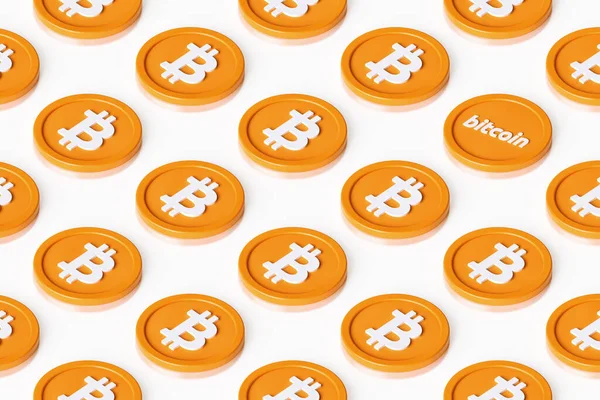 Bitcoin Btc Kryptowährungsmünzen Die Auf Einer Oberfläche Angeordnet Sind Und — Stockfoto