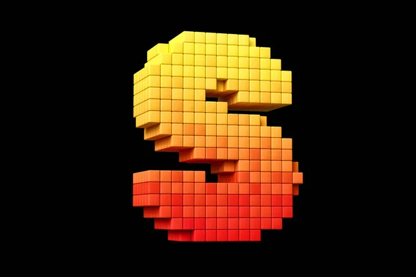 Pixel art font letter S in yellow to orange color scheme. High quality 3D rendering.