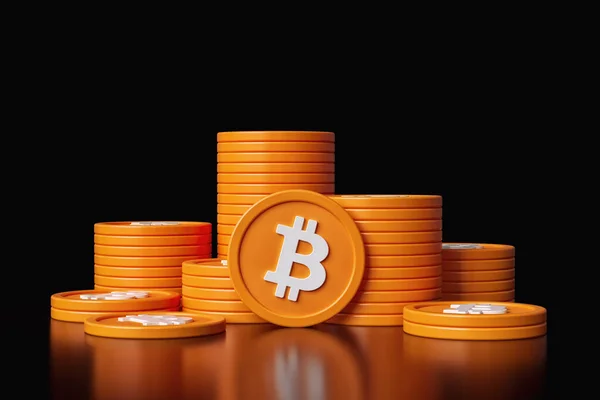 Stapelweise Bitcoin Münzen Auf Einer Schwarzen Glänzenden Oberfläche Schön Für — Stockfoto