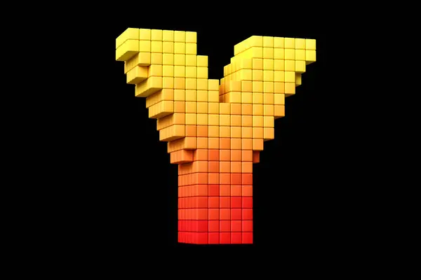 Chiptune font pixel art style letter Y in yellow and orange. High definition 3D rendering.