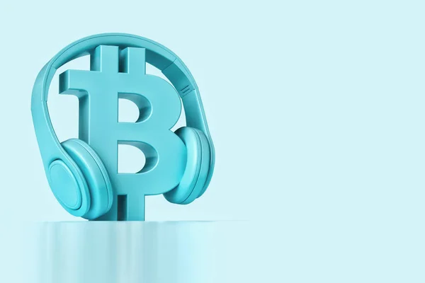 Bitcoin Символ Наушниками Синей Цветовой Схеме Подкаст Криптовалюты Видеоклипы Высокое — стоковое фото