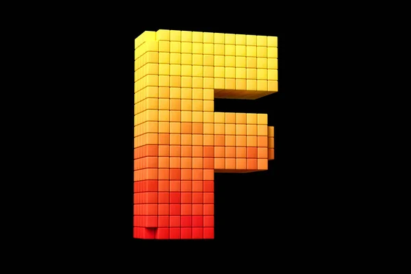Pixel art digital typography letter F in yellow to orange color scheme. High quality 3D rendering.