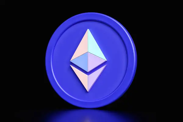 3D Ethereum icon in corporate colors isolated on a black background. Design suitable for cryptocurrency ads and news. High quality 3D rendering