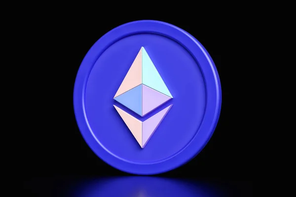 Kurumsal renklerde üç boyutlu Ethereum simgesi siyah bir arkaplanda izole edilmiş. Şifreleme reklamları ve haberler için uygun tasarım. Yüksek kalite 3B görüntüleme