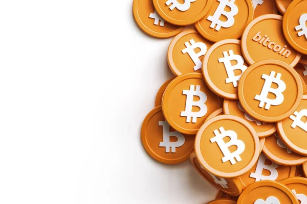 Scattered Bitcoin Tokens Randomly Placed White Surface Copy Space Left — Stock Photo, Image