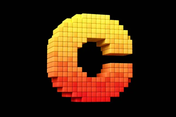 Pixel art typeface letter C in yellow to orange color scheme. High quality 3D rendering.