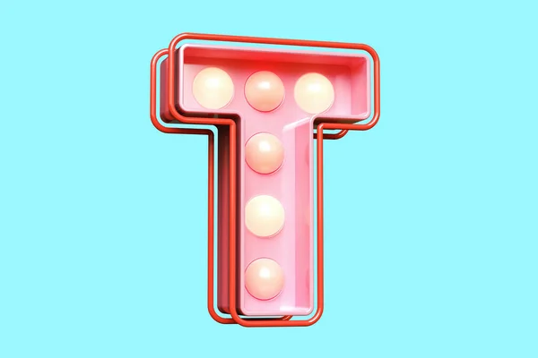 ピンクのサーカスのマーケティングスタイルのタイプフェイス文字T 暖かい電球の魅力的な明るいフォント 高品質の3Dレンダリング — ストック写真