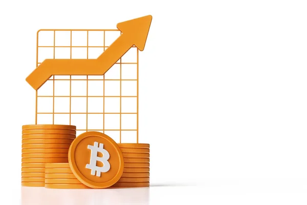 Bitcoin Münzen Stapeln Sich Neben Einer Diagrammtafel Mit Einem Aufwärtstrend — Stockfoto