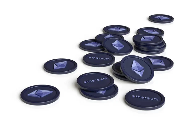 Ethereum sikkeleri rastgele beyaz bir yüzeye saçıldı. Şifreleme konsepti temalı haberler, reklamlar ve web projeleri için uygun bir illüstrasyon. Yüksek kalite 3B görüntüleme.