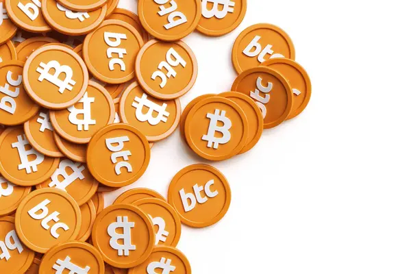 Bitcoin Desenho Fundo Com Moedas Aleatórias Espaço Cópia Alta Qualidade — Fotografia de Stock
