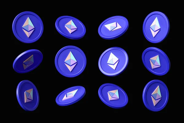 Set Eth Ethereum Colorful Tokens Different Rotations Points View Suitable — Stock Photo, Image