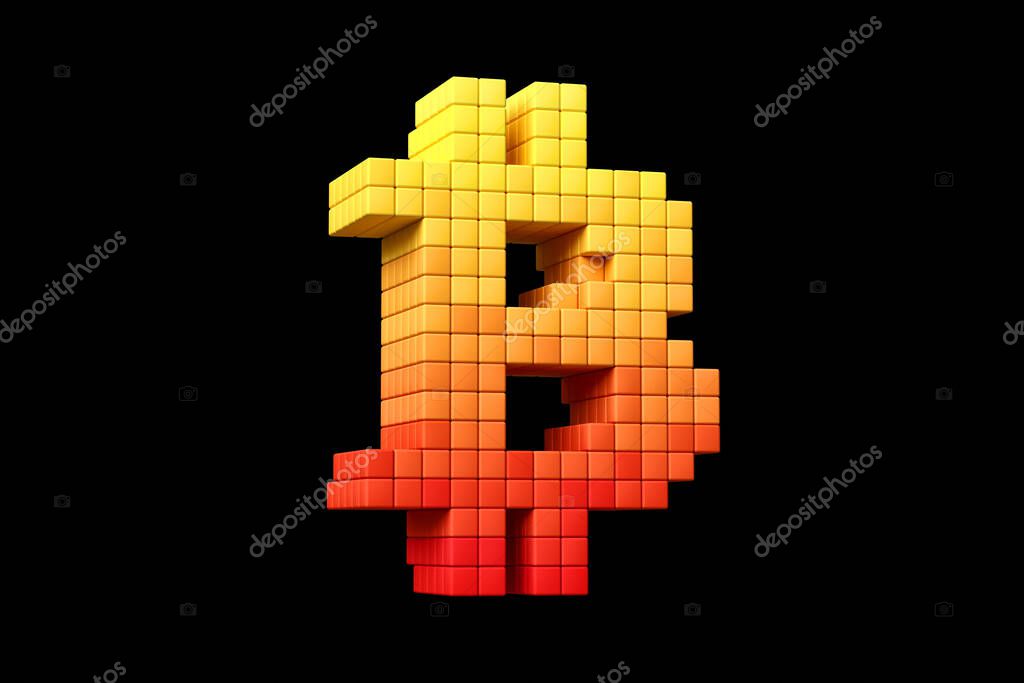 Pixel art style Bitcoin logo in yellow and orange. High definition 3D rendering modern retro design concept.