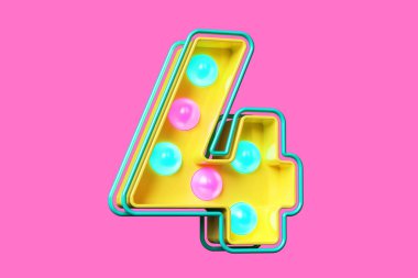 Renkli 80 'ler stili tipografi numarası 4. Ampul afiş yazı tipi. Yüksek kalite 3B görüntüleme