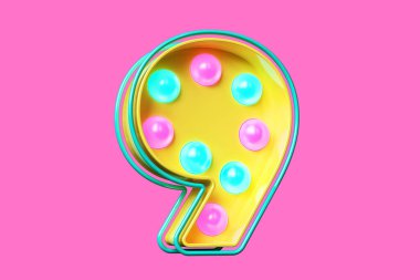 Sarı, mavi ve pembe harflerle geri dönüş lambası tabelası. 90 'ların tarzı 3 boyutlu yazı tipi 9 numara. Yüksek kalite 3B görüntüleme