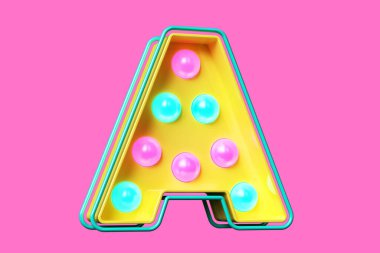 Nostaljik ampul alfabesi sarı, pembe ve mavi. Renkli 90 'lar tarzı tipografi 3D harf A. Yüksek kalite 3B görüntüleme.