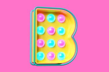 Sarı, pembe ve mavi harflerle yazılmış klasik ampul afişi. Renkli 80 'ler stili tipografi harfi B. Yüksek kalite 3B görüntüleme