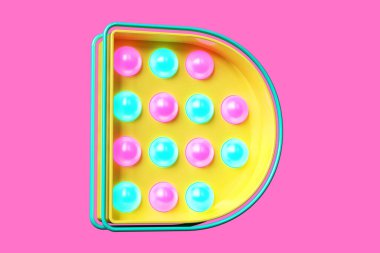 80 'lerin tipografisi 3D harfi sarı, pembe ve mavi. Ampul ve tabela yazı seti. Yüksek kalite 3B görüntüleme