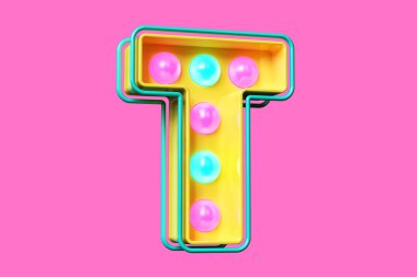 Led noktalar yazı tipi 3D harf T. Vintage ampul tabelasında sarı, mavi ve pembe harflerle. Yüksek kalite 3B görüntüleme