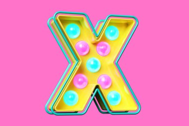 Sarı, mavi ve pembe renkli X harfi ampul. Yüksek kalite 3B görüntüleme