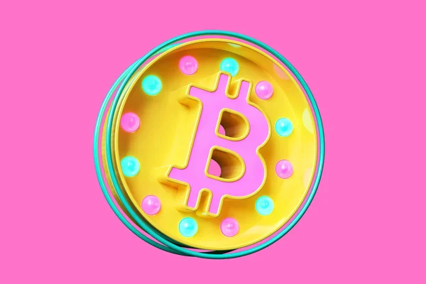 Разноцветный Логотип Bitcoin Btc Стиле Ретро Шапочка Лампочки Желтого Синего — стоковое фото