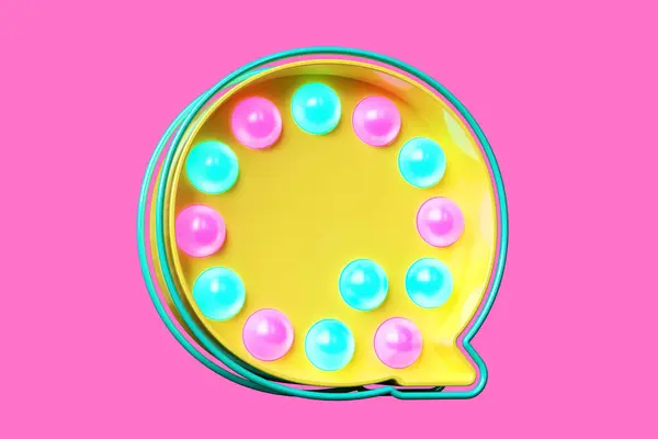 Colorful vintage 3D alphabet character Q in yellow with pink and blue luminous dots. Light bulb marquee letters. High quality 3D rendering