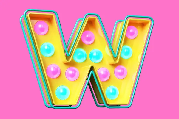 Colorful dotted 3D font character W. Light bulb marquee letters in yellow, blue and pink. High quality 3D rendering