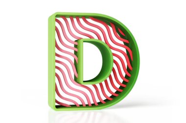 Yeşil çizgili ve kırmızı dalgalı desenli 3D harf. Eğlenceli çocuk stili harfler. Yüksek çözünürlüklü 3B görüntüleme.