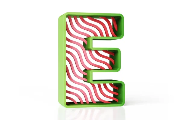 緑色のアウトラインと重いストライプの赤いインテリアで作られた手紙Eの上部ケース ヘッダー ポスター Webプロジェクトに適した3Dデザインのフルーティーなレタリング 高品質の3Dレンダリング — ストック写真