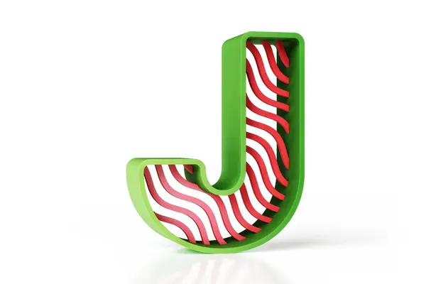 3D字母J由绿色轮廓和红色波浪图案组成 高质量3D渲染 — 图库照片