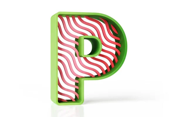 3D儿童字母P由绿色轮廓和红色条纹波浪形图案组成 高质量3D渲染 — 图库照片
