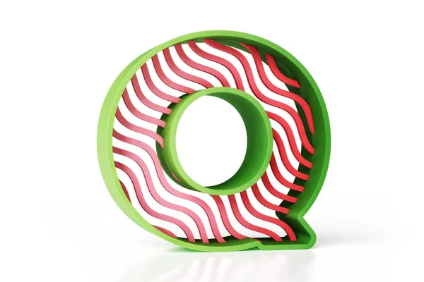 緑のアウトラインと赤のストライプパターンで作られた楽しいクリエイティブQフォント 高精細3Dレンダリング — ストック写真