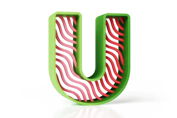 緑色のアウトラインと重いストライプの赤いインテリアで作られた手紙Uの上部ケース ヘッダー ポスター Webプロジェクトに適した3Dデザインのフルーティーなレタリング 高品質の3Dレンダリング — ストック写真