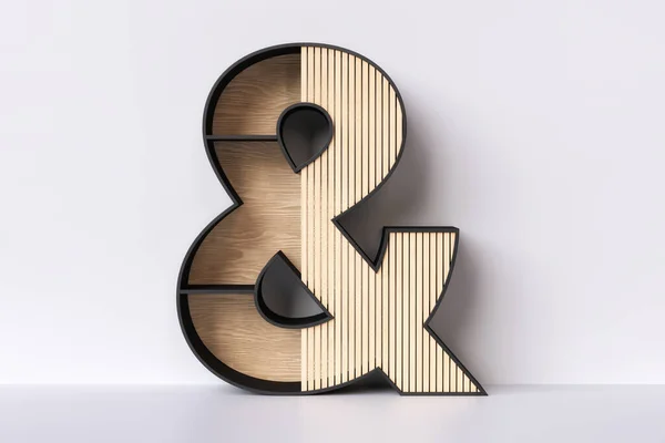 シェルビングの形をしたスラットウッド3Dアンパサンドの手紙は インテリアを飾るか 装飾的なオブジェクトを展示するのに良いです ジャパンディスタイル 木製企業ロゴコンセプト 3Dレンダリング — ストック写真