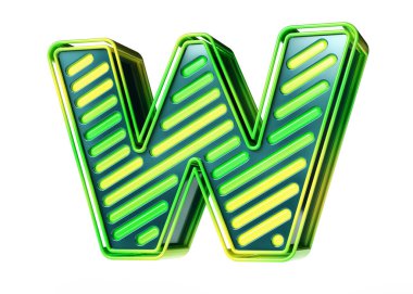 Ayçiçeği renginde parlak neon harfli W harfi. 3D renkli oyun stili yazı tipi. Yüksek kalite 3B görüntüleme.