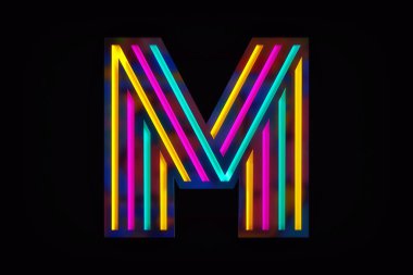 Parlak çizgileri olan modern ekran yazı tipi. Yazı tipi koleksiyonu harfi M Yüksek kalite 3D görüntüleme.