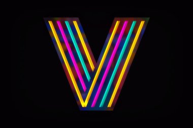 V harfi genç tasarım alfabesi. Koyu arkaplan ve parlak renkli çizgiler. 3B görüntüleme.