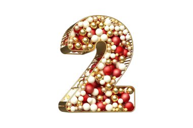 Altın, kırmızı ve beyaz topların tipografisi, modern yaratıcı bir konseptte 2 numaralı altın şekle bürünür. Yüksek kalite 3B görüntüleme.