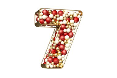 Kırmızı, altın ve beyaz Noel toplarının altın bir yapıda yüzdüğü bir Noel tipografisi. Üç boyutlu efektli güzel 7 numara. Yüksek kalite 3B görüntüleme.