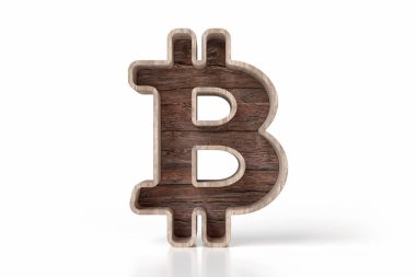 3D Bitcoin sembolü, rustik ham ahşap ve geri dönüşümlü tahtalardan yapılmıştır. Yüksek kalite 3B görüntüleme.