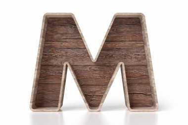 Eski ahşap alfabe koleksiyon harfi M. Eski veya eski bir konsept manşet için uygun. Yüksek kalite 3B görüntüleme.