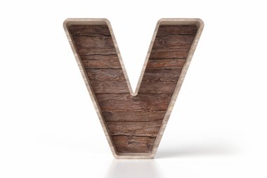Geri dönüştürülmüş tahta alfabe harfi. Çiğ ve eski ahşap levhalardan yapılma V harfi. Göz alıcı metinler bestelemek için fotoğraf gerçekçi harf tasarım biçimi. Yüksek kalite 3B görüntüleme.