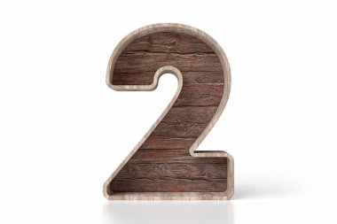 Beyaz arka planda eski moda ahşaptan yapılmış 2 numaralı şekil. Yüksek kalite 3B görüntüleme.