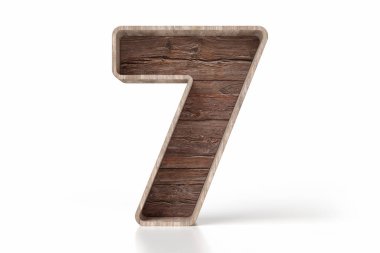 İşlenmemiş ahşap yazı tipi 3 boyutlu sayı 7. Ev ya da depo için dekoratif bir fikir. Yüksek çözünürlüklü 3B görüntüleme.