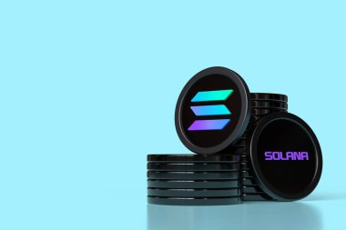 Solana Sol para yığınları ve logo ve kalp atışı gösteren jetonlar. Şifreli para birimi ve altpara kavramlarına uygun illüstrasyon tasarımı. Yüksek kalite 3B görüntüleme.