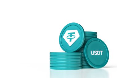 Logo ve Usdt 'un kronometre metnini gösteren bozuk para destelerini bağlayın. Beyaz ve yeşil renkli yeni amblem. Yüksek kalite 3B görüntüleme.