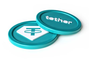 Logo ve kripto para birimi adını gösteren Steablecoin Bağlayıcı Usdt jetonları. Reklamlar, haber ve dijital varlık projeleri için uygun bir illüstrasyon. Yüksek çözünürlüklü 3B görüntüleme.