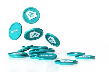 Kullanıcı Usdt 'un sabit para kripto dinamik dinamik çizimi. Düşen jetonlar ve beyaz arka planda izole edilmiş para yığınları. Yüksek kalite 3B görüntüleme.