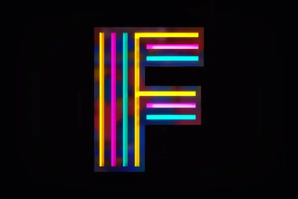 Luminous font letter F with cyan, yellow and magenta triad colors on black background. Nice creative letter for merchandise designs. High definition 3D rendering.
